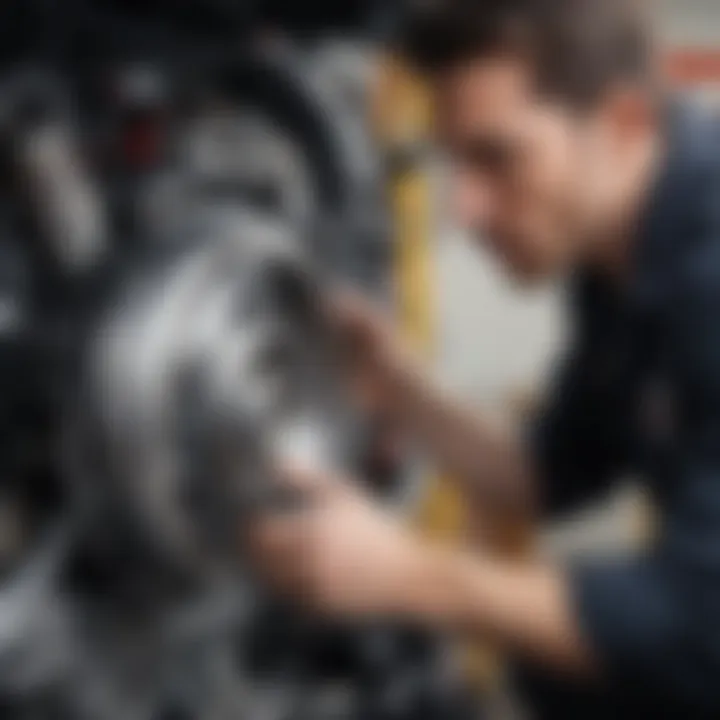 A mechanic examining a truck engine with aftermarket parts