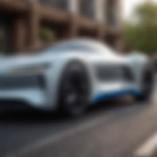 A close-up view of the Alpha EV's sleek exterior design showcasing its aerodynamic contours.
