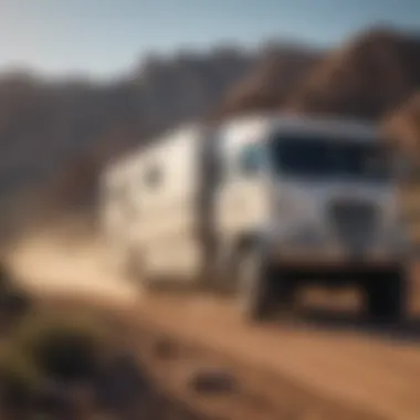 RV Performance on Rugged Terrain An RV navigating a rugged terrain to demonstrate the importance of shock absorbers