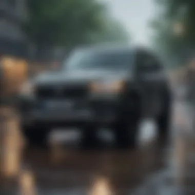 SUV Navigating Through Rainy Conditions SUV equipped with tires in a rainy environment