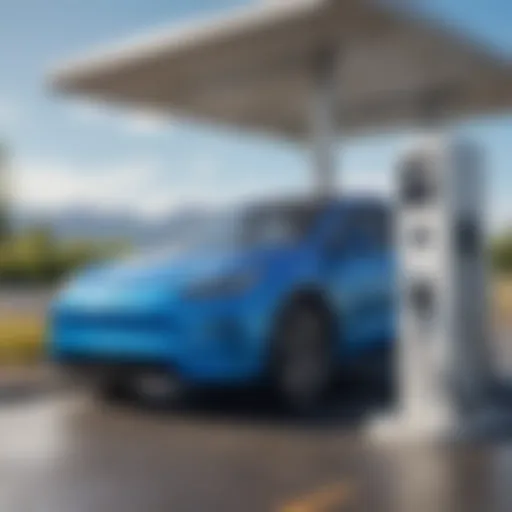 Electric vehicle charging station with a clear blue sky in the background