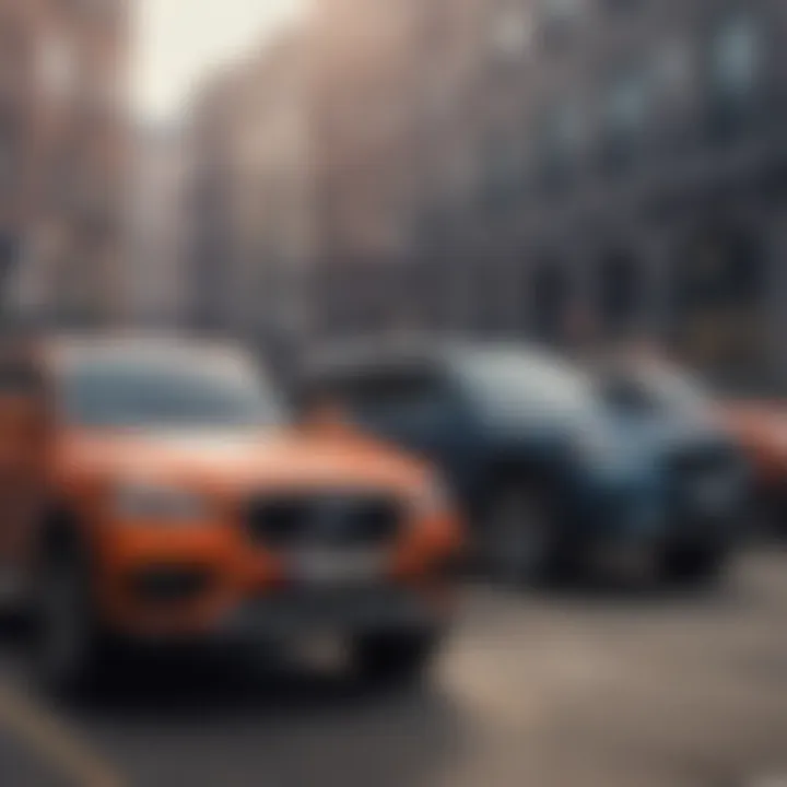 A lineup of various four-wheel-drive SUVs parked in an urban setting