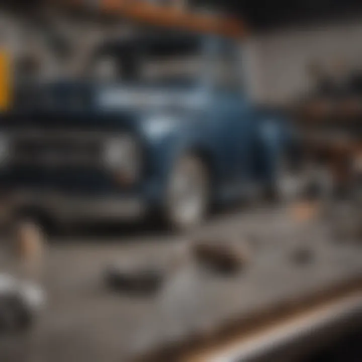 Restoration parts for classic Ford trucks displayed on a workbench.