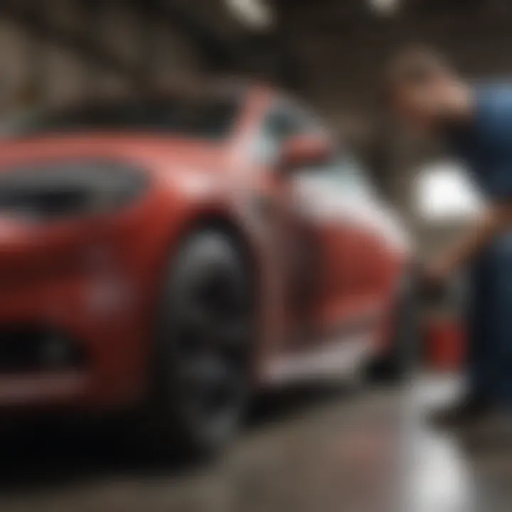 A professional mechanic working on a car fender in a workshop