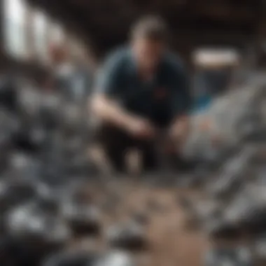 A worker sorting through auto parts in a well-organized junk yard.