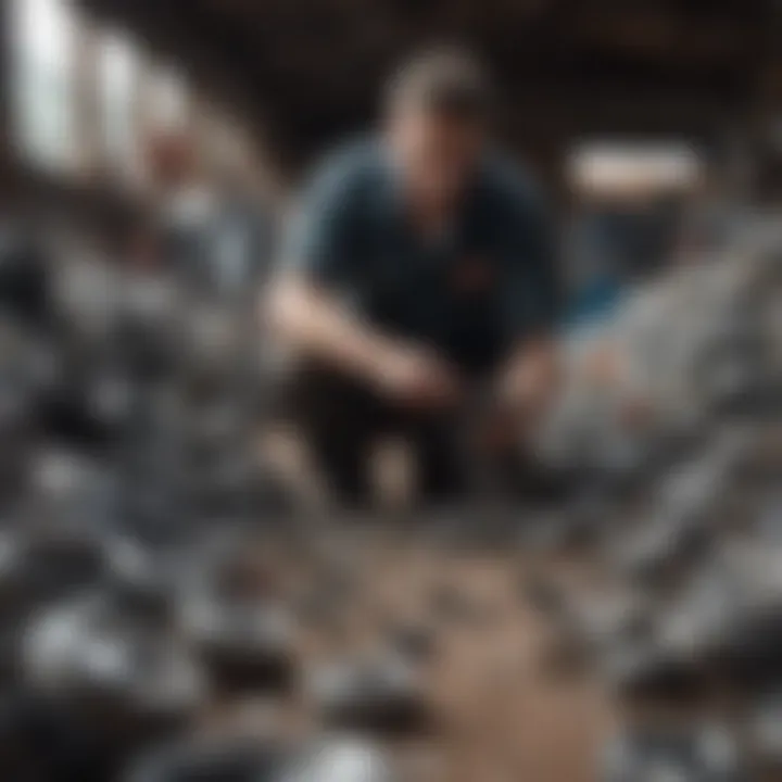 A worker sorting through auto parts in a well-organized junk yard.