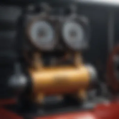 Close-up of an air compressor showing its technical specifications and features