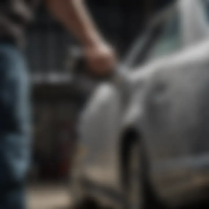 Side view of a soda blaster in action removing paint from a car surface