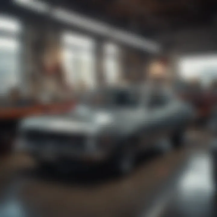 An interior view of a custom car shop with various automotive parts and tools on display.
