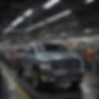 Assembly line featuring Dodge Ram trucks in various stages of production