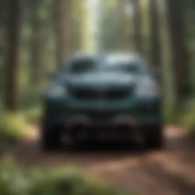 A four-wheel drive SUV driving through a forested path