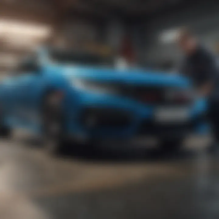Mechanic inspecting the Honda Civic Sport's transmission, emphasizing maintenance aspects.