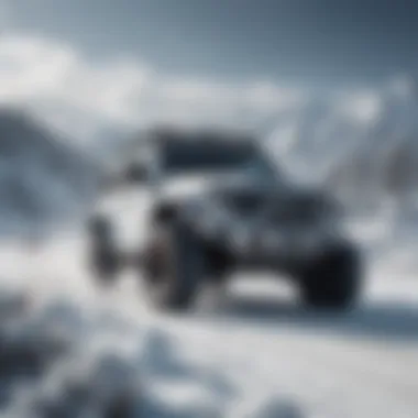 Four wheel drive vehicle navigating through a snowy landscape