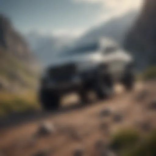 Dynamic view of an all-wheel drive car navigating through rugged terrain