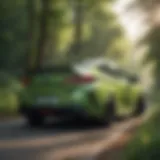 A sleek hybrid vehicle parked in a lush green environment, showcasing eco-friendliness.