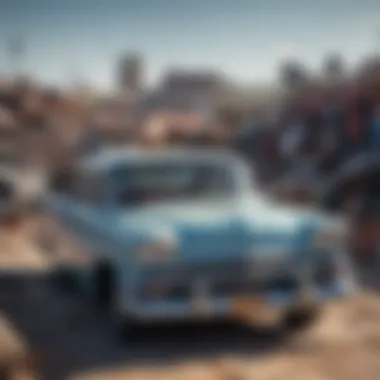 Enthusiasts examining a classic car in a junkyard