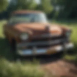 A rusted classic car partially buried in overgrown grass