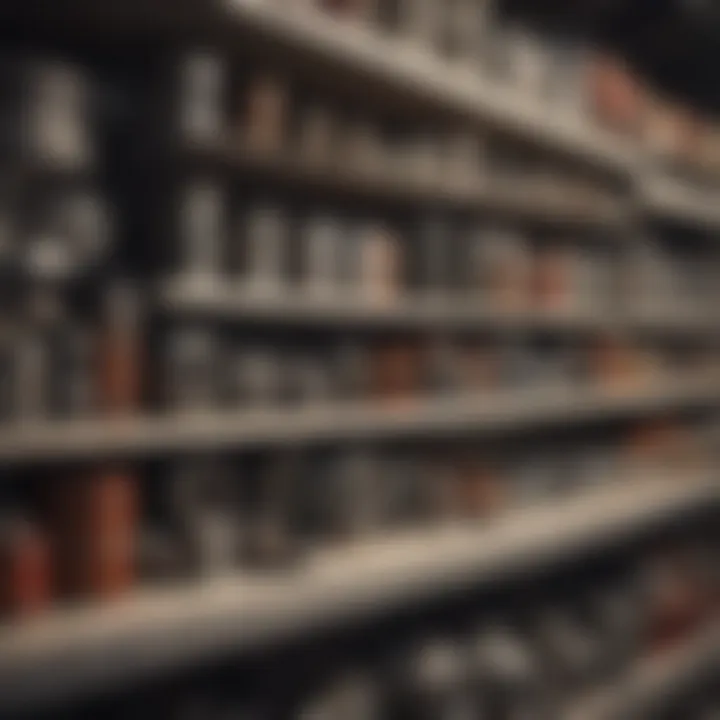 A close-up of vintage car parts organized on shelves