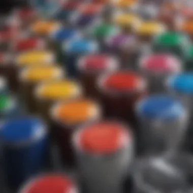 A vibrant display of various automotive paint colors in spray cans