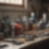 Close-up view of various painting tools arranged neatly on a workbench