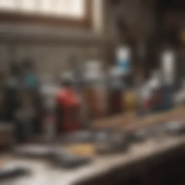 Essential Painting Tools for Vehicle Refinishing Close-up view of various painting tools arranged neatly on a workbench
