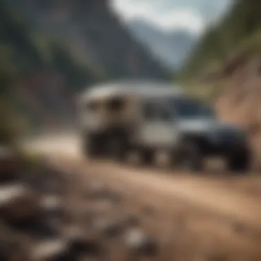 Off-Roading with Jeep Truck and Camper Shell Adventure-ready Jeep truck with camper shell navigating through rugged terrain