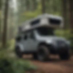 Jeep truck equipped with a stylish camper shell parked in a scenic outdoor environment