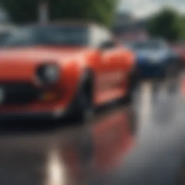 A group of Nissan sports cars in a vibrant car meet event