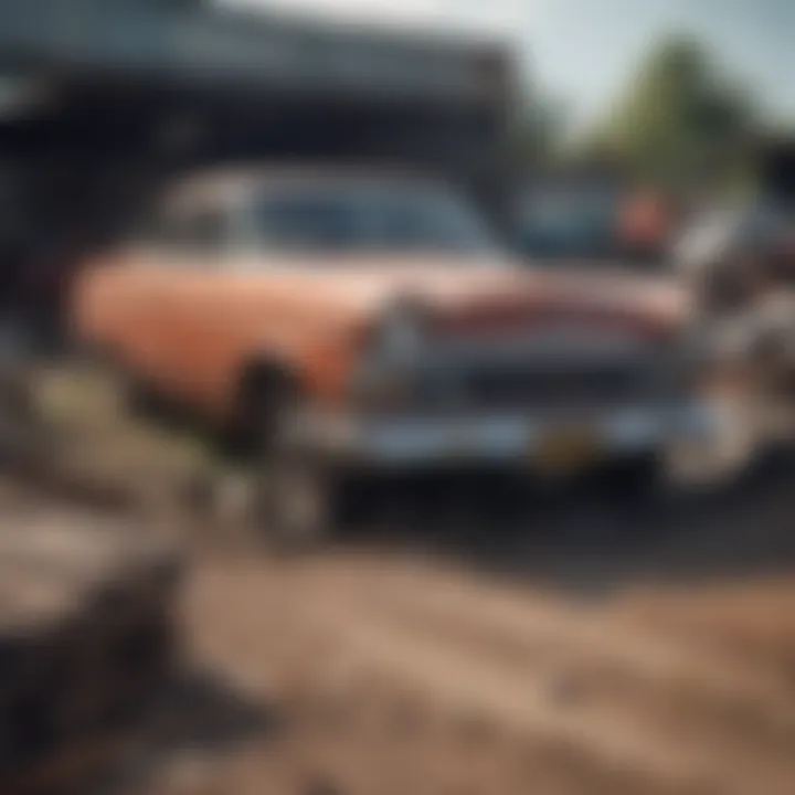 An old car being prepared for recycling in a junk yard