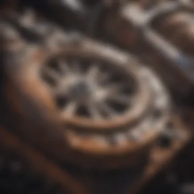 Close-up of rusted car parts and components in a junk yard