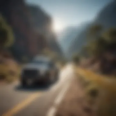 Adventurous Spirit of Pickup Trucks A rugged pickup truck parked on a scenic mountain road showcasing its adventurous spirit.