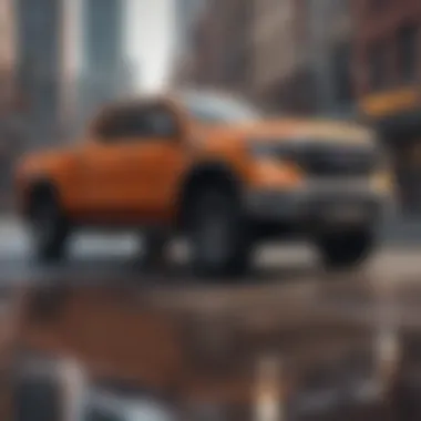 A side view of a fuel-efficient pickup truck driving through a cityscape.