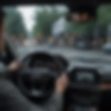 Driver Engaged with Head-Up Display Driver interacting with HUD while driving an SUV