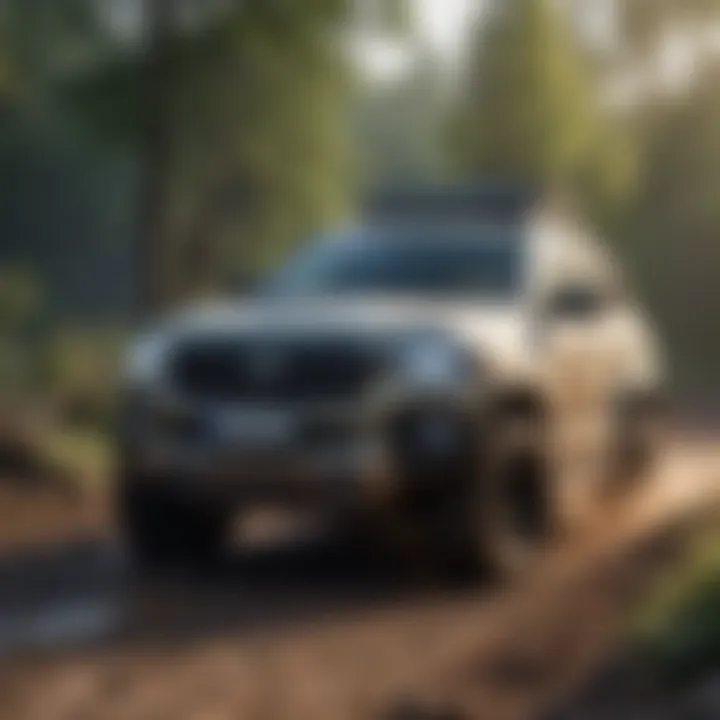 An off-road SUV tackling a challenging muddy trail, highlighting its durability and traction.