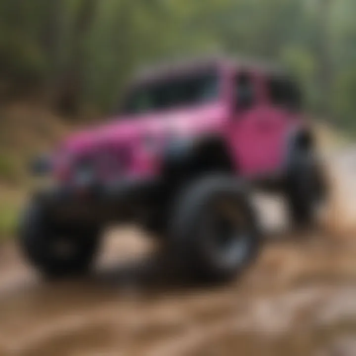 Off-road performance of a pink Jeep Wrangler in action