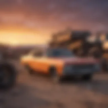 Desolate junkyard under a vibrant sunset