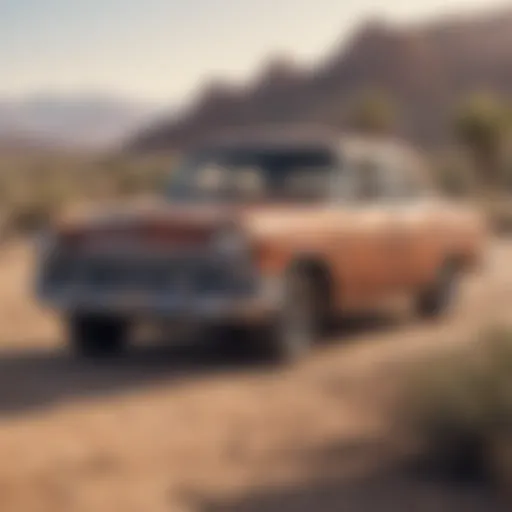 Rusting classic car in desert landscape