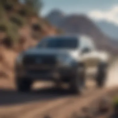 Performance Capabilities of the Ford EV Pickup A dynamic shot of the Ford EV pickup truck in action on a rugged terrain, highlighting its performance capabilities.