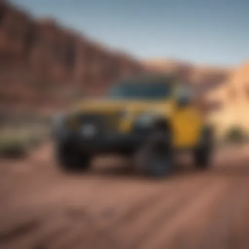 The rugged landscape of Moab with a Jeep Wrangler traversing the terrain