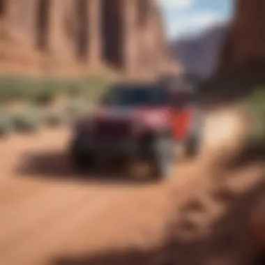 Jeep Wrangler Navigating Moab's Scenic Trails A scenic view of Moab's famous trails with a Jeep Wrangler navigating through