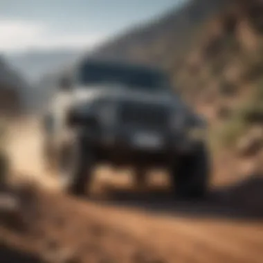 Dynamic off-road action shot of Jeep Wrangler in natural terrain