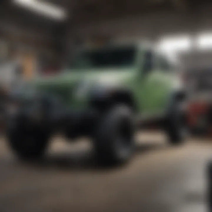 Mechanic performing maintenance on a Jeep in a garage