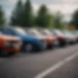 A diverse selection of budget-friendly used cars lined up in a parking lot.