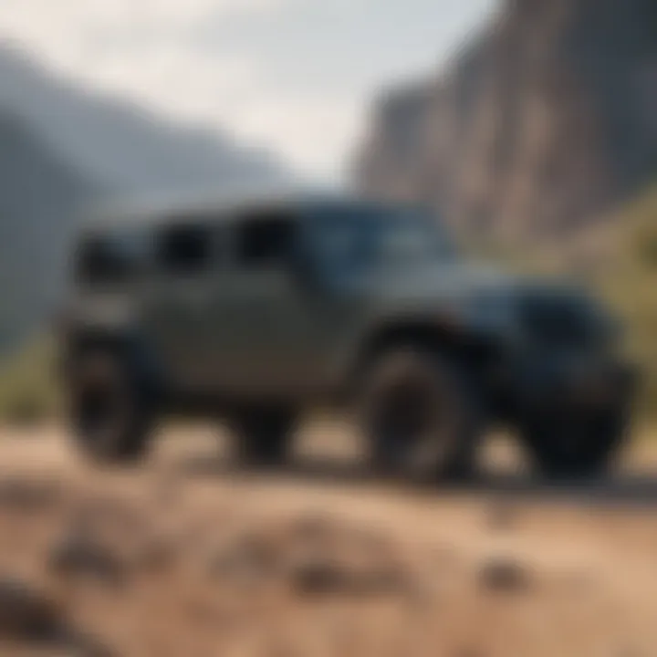 Long Jeep Wrangler parked at scenic overlook