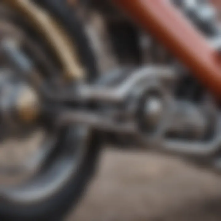 A close-up of the unique frame and suspension of a lowrider bike demonstrating its craftsmanship.