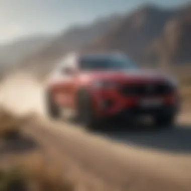 Mustang SUV driving through a scenic landscape, emphasizing performance.