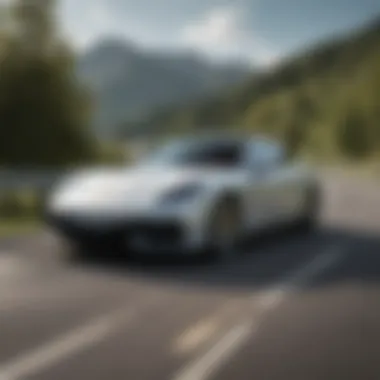Dynamic Driving Experience of the Porsche Panamera Turbo S E-Hybrid Dynamic driving shot of the Porsche Panamera Turbo S E-Hybrid on a winding road