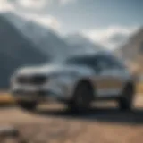 A sleek and modern SUV parked against a stunning mountain backdrop.