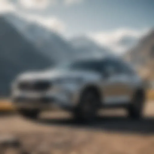 A sleek and modern SUV parked against a stunning mountain backdrop.