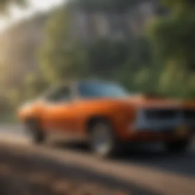 Capturing Nostalgia: A Restomod Cuda in Nature A side profile of a restomod Cuda parked at a scenic location, embodying nostalgia and innovation.
